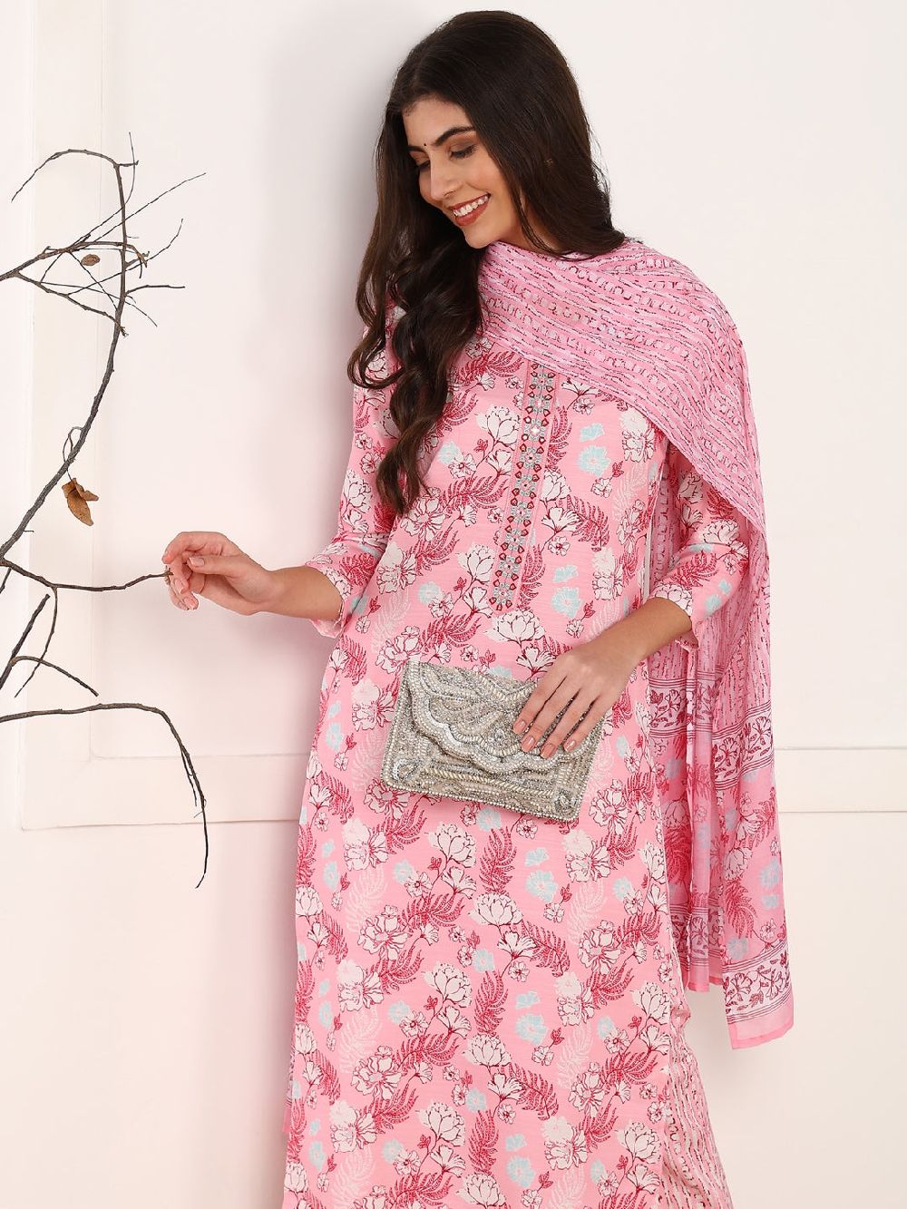 Pink Poly Rayon Floral Printed Straight Kurti Pant With Dupatta