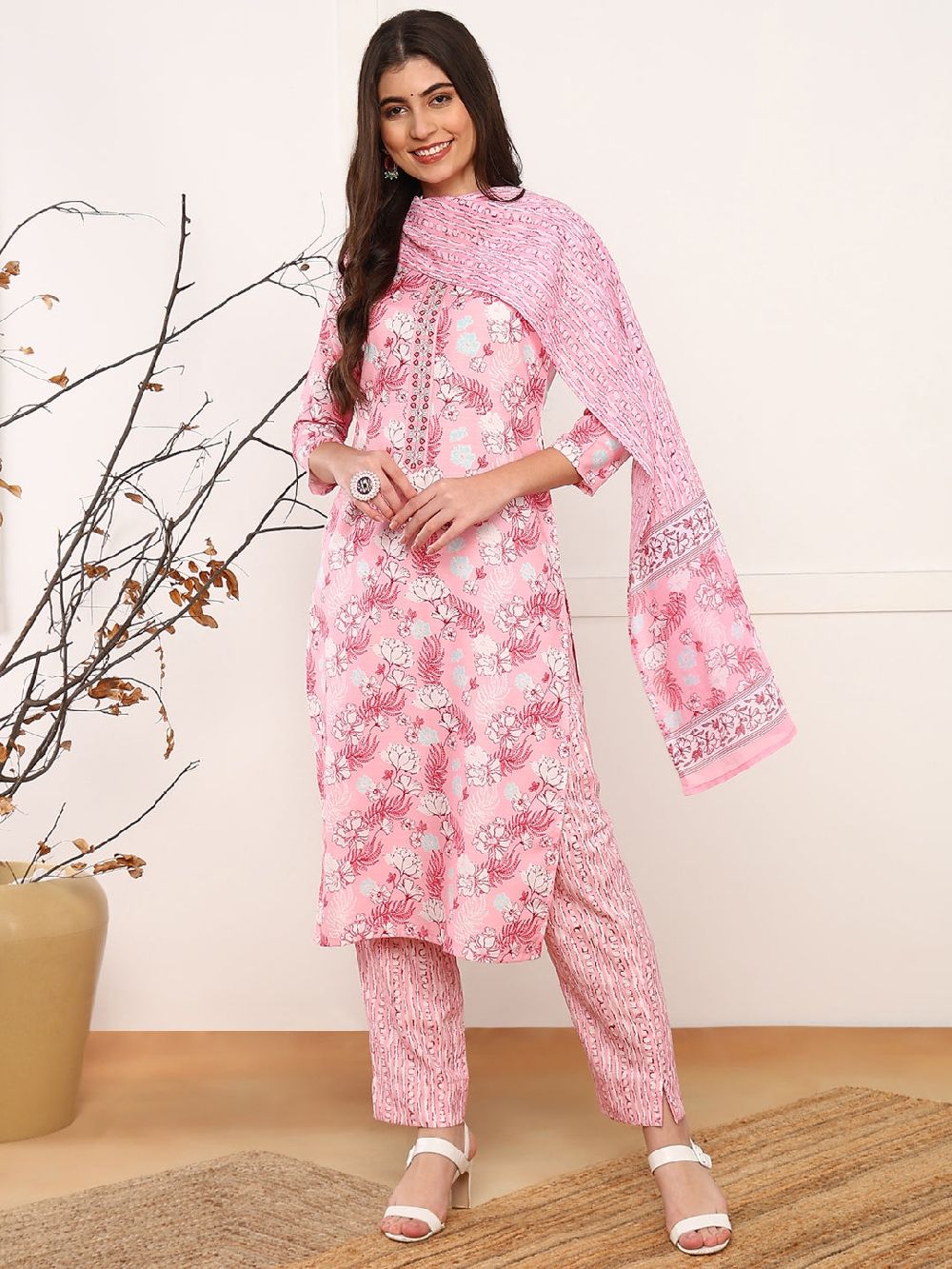 Pink Poly Rayon Floral Printed Straight Kurta Trouser With Dupatta