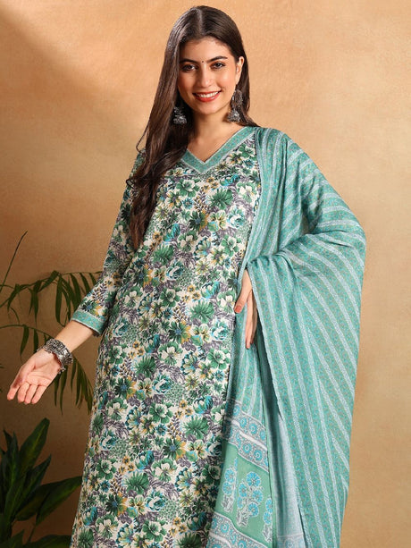 Green Poly Rayon Floral Printed Straight Kurta Trousers With Dupatta