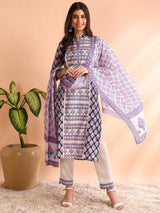 Blue Poly Rayon Ethnic Motifs Printed Straight Kurta Trouser With Dupatta