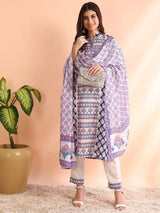 Blue Poly Rayon Ethnic Motifs Printed Straight Kurta Trouser With Dupatta