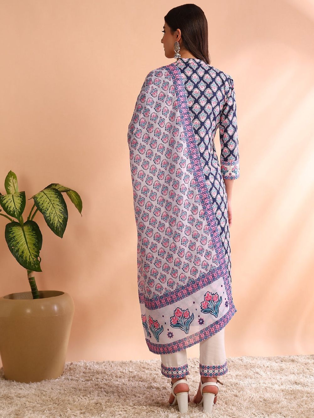 Blue Poly Rayon Ethnic Motifs Printed Straight Kurta Trouser With Dupatta