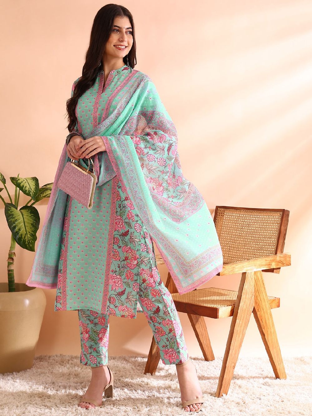 Turquoise Blue Poly Rayon Floral Printed Straight Kurta Trousers With Dupatta