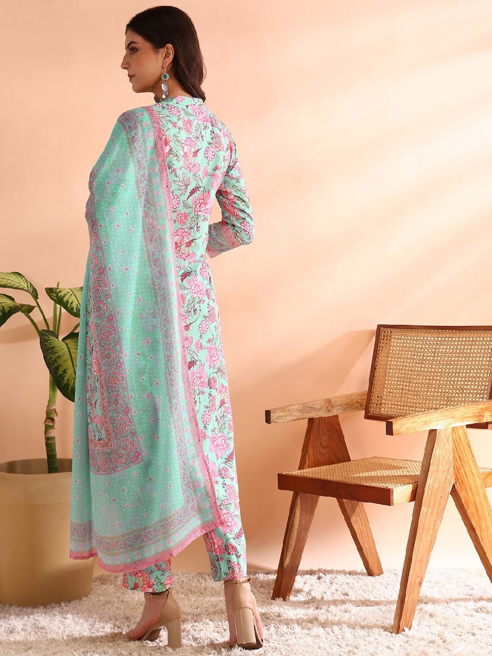 Turquoise Blue Poly Rayon Floral Printed Straight Kurta Trousers With Dupatta