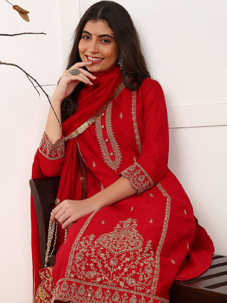 Red Silk Blend Solid Embroidered Straight Kurta Trouser With Dupatta