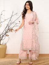 Pink Silk Blend Solid Embroidered Straight Kurta Palazzo With Dupatta