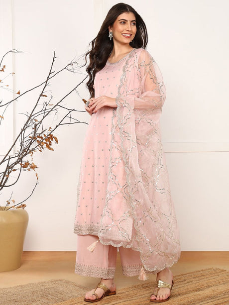 Pink Silk Blend Solid Embroidered Straight Kurta Palazzo With Dupatta