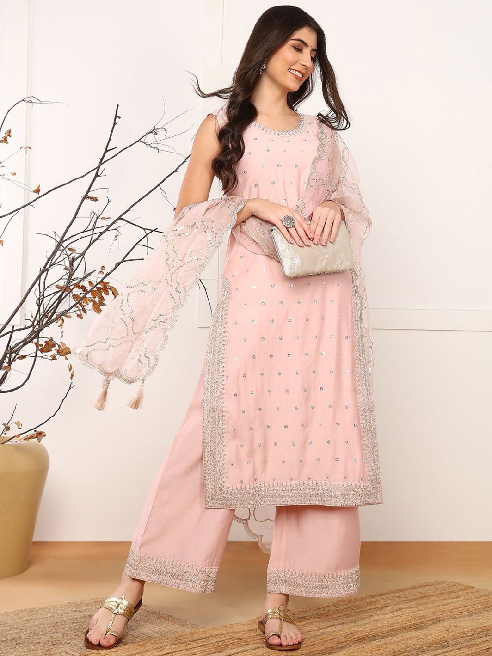 Pink Silk Blend Solid Embroidered Straight Kurta Palazzo With Dupatta