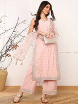 Pink Silk Blend Solid Embroidered Straight Kurta Palazzo With Dupatta