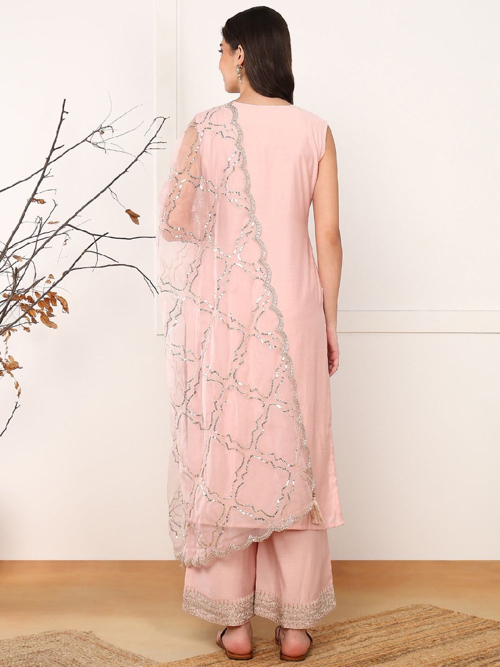 Pink Silk Blend Solid Embroidered Straight Kurta Palazzo With Dupatta