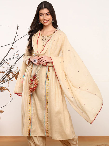 Beige Viscose Rayon Solid Embroidered A-Line Kurta Salwar With Dupatta