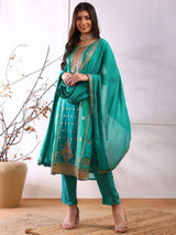 Teal Organza Abstract Woven Design Straight Kurta Trouser With Dupatta