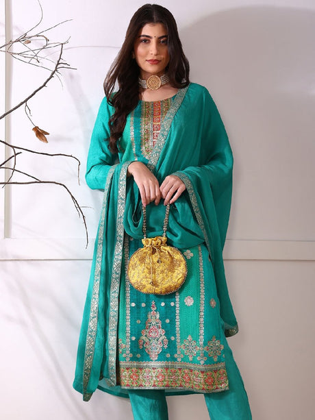 Teal Organza Abstract Woven Design Straight Kurta Trouser With Dupatta