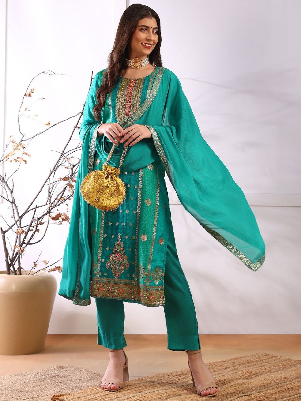 Teal Organza Abstract Woven Design Straight Kurta Trouser With Dupatta