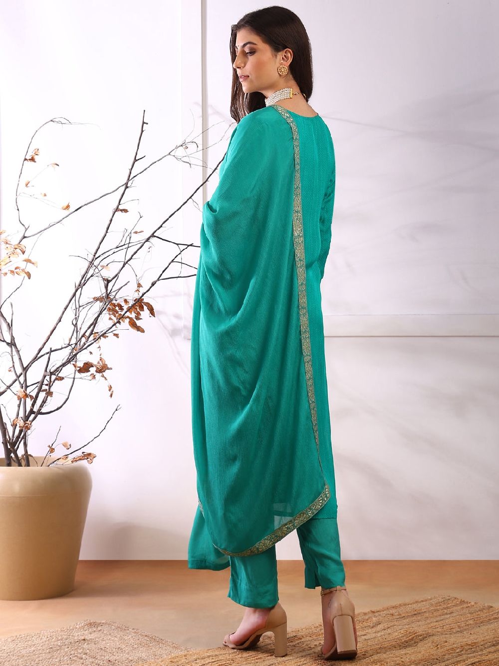 Teal Organza Abstract Woven Design Straight Kurta Trouser With Dupatta