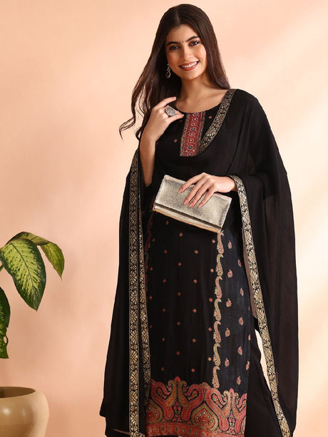 Black Silk Blend Geometric Woven Design Straight Kurta Trouser With Dupatta