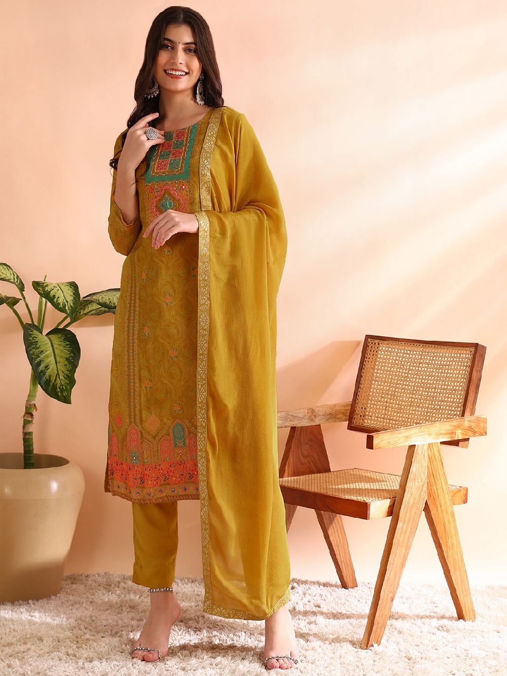 Mustard Silk Blend Abstract Woven Design Straight Kurta Trousers With Dupatta