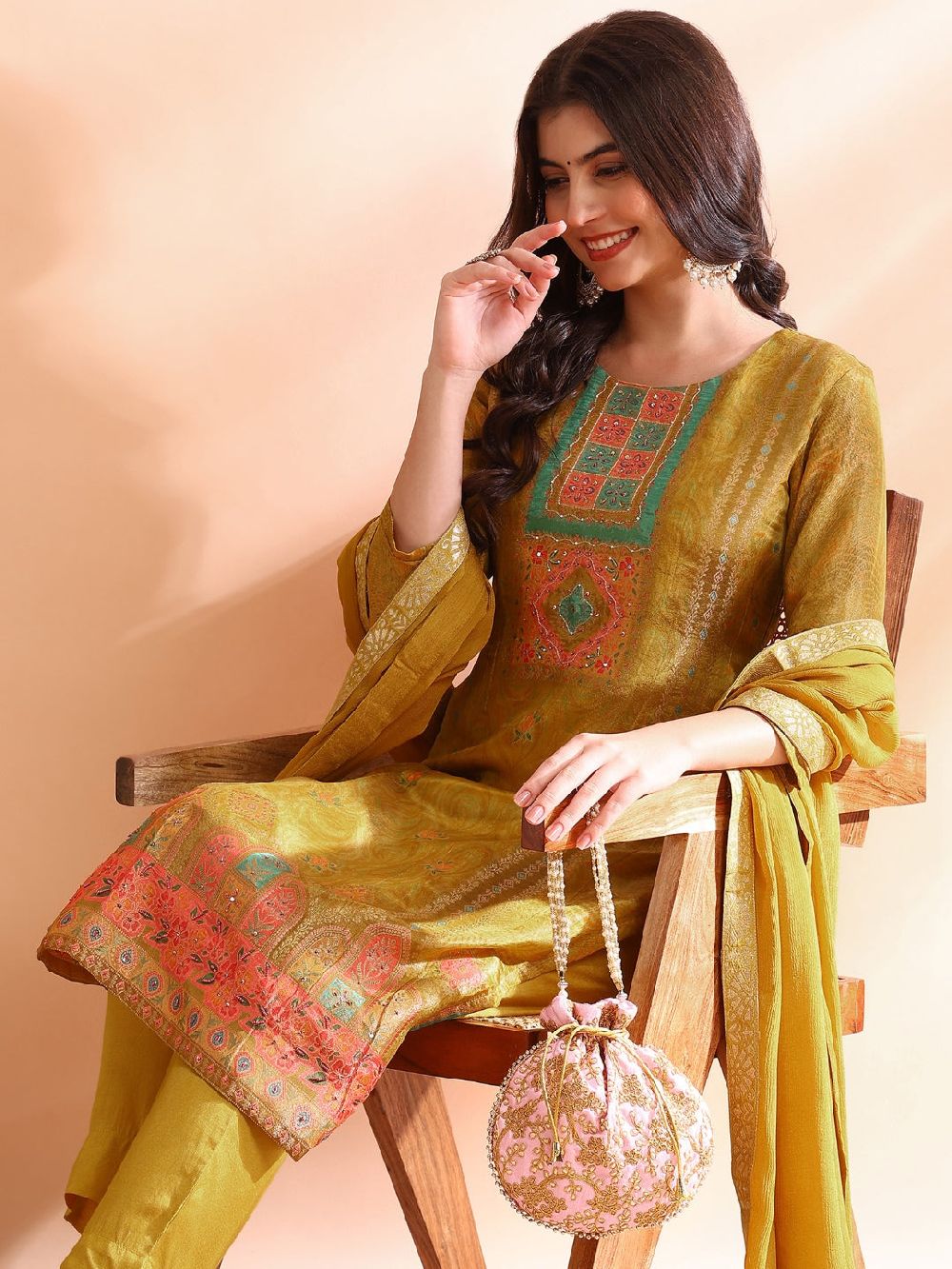 Mustard Silk Blend Abstract Woven Design Straight Kurti Pants With Dupatta