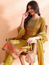 Mustard Silk Blend Abstract Woven Design Straight Kurta Trousers With Dupatta