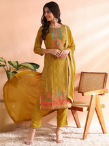 Mustard Silk Blend Abstract Woven Design Straight Kurti Pants With Dupatta