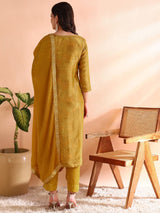 Mustard Silk Blend Abstract Woven Design Straight Kurti Pants With Dupatta