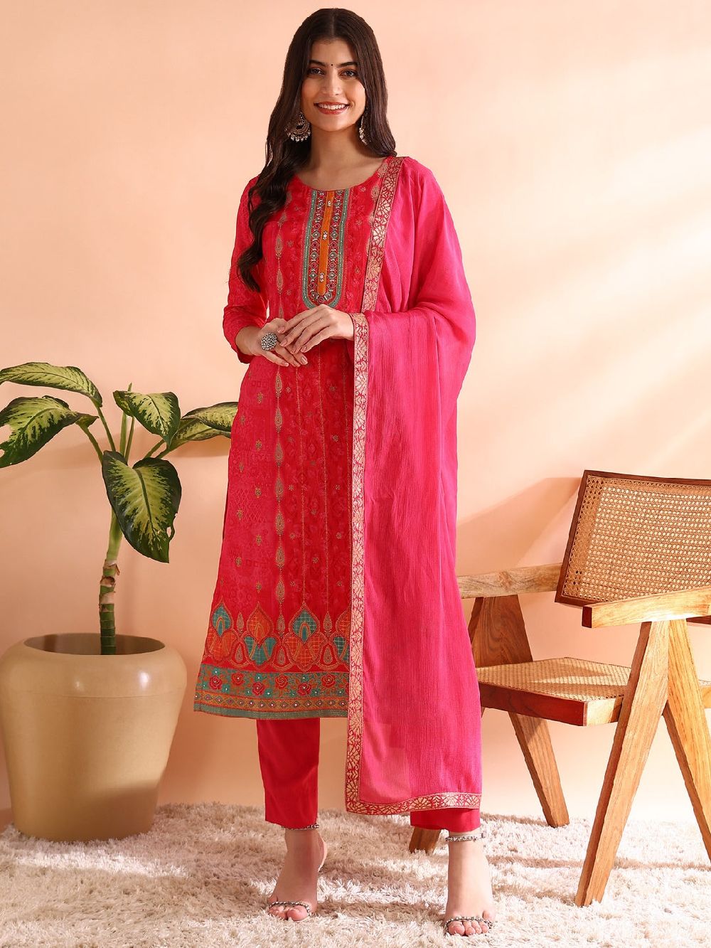 Pink Chanderi Silk Ethnic Motifs Woven Design Straight Kurta Trousers With Dupatta