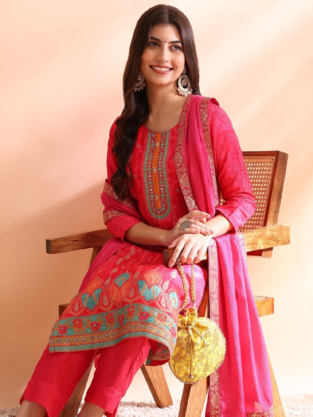 Pink Chanderi Silk Ethnic Motifs Woven Design Straight Kurti Pants With Dupatta