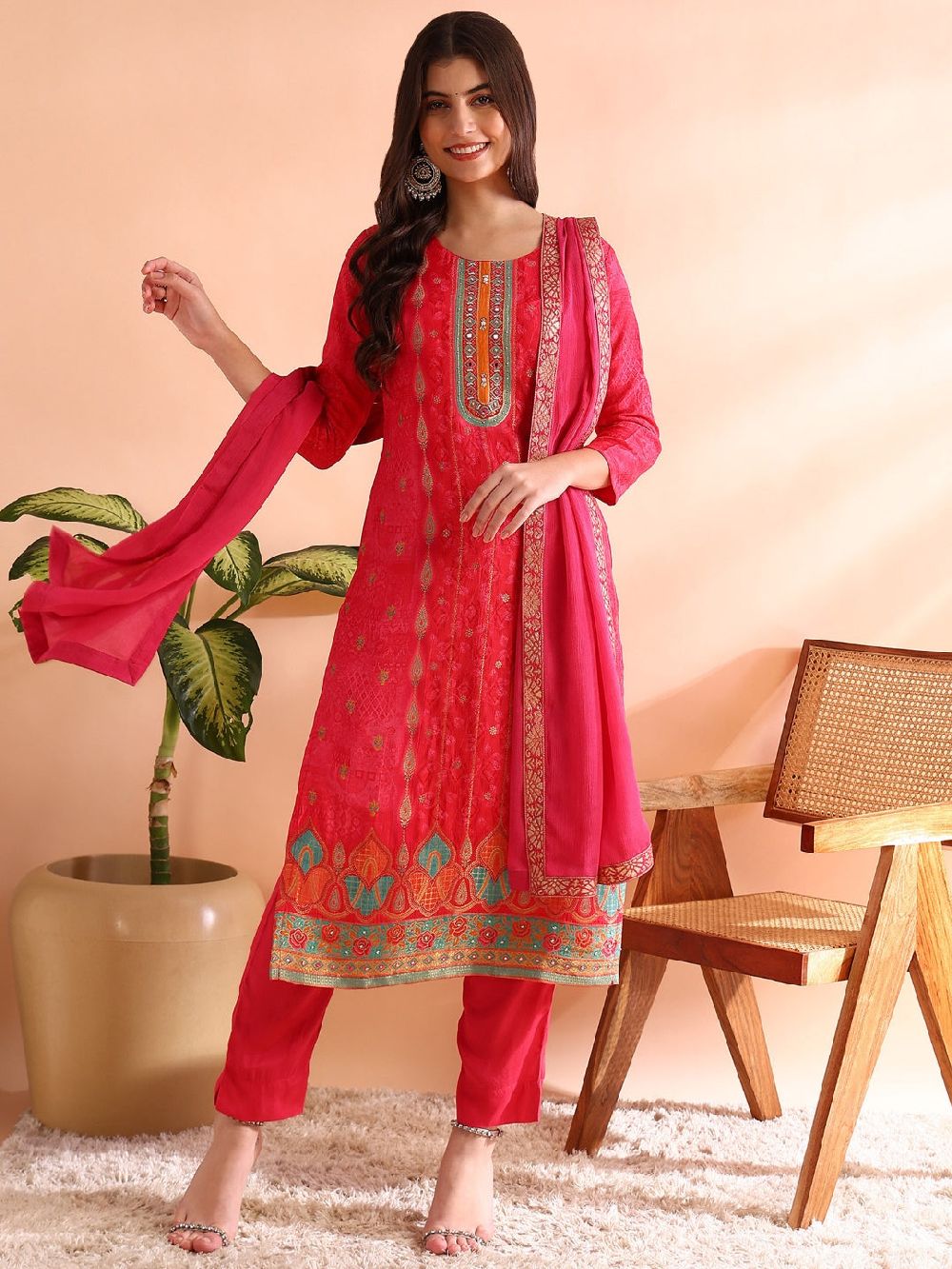 Pink Chanderi Silk Ethnic Motifs Woven Design Straight Kurta Trousers With Dupatta