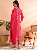 Pink Chanderi Silk Ethnic Motifs Woven Design Straight Kurti Pants With Dupatta