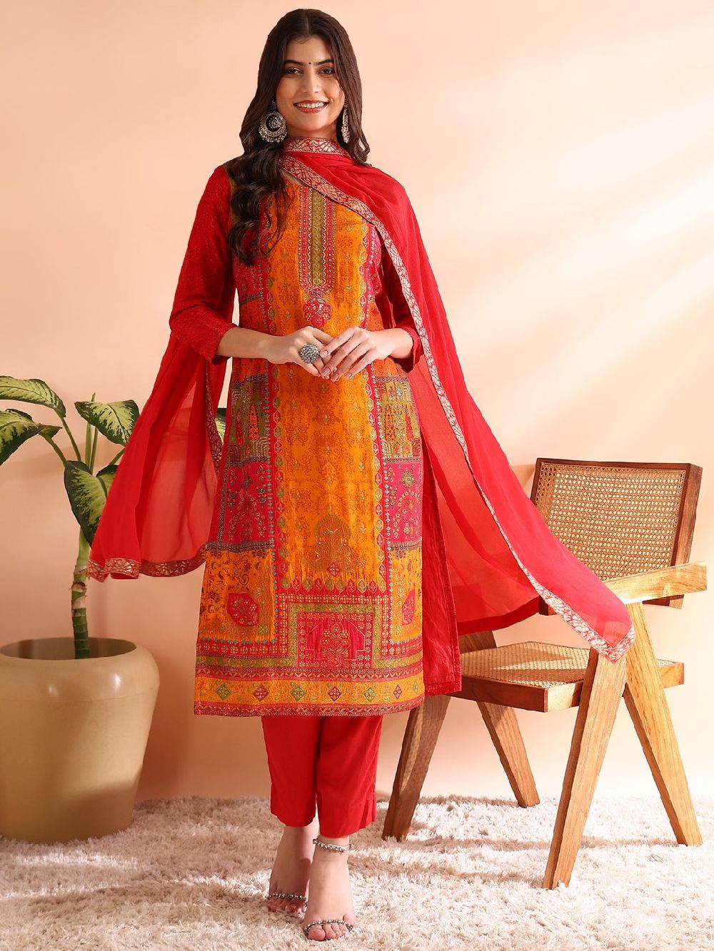 Red Chanderi Silk Ethnic Motifs Woven Design Straight Kurta Trousers With Dupatta