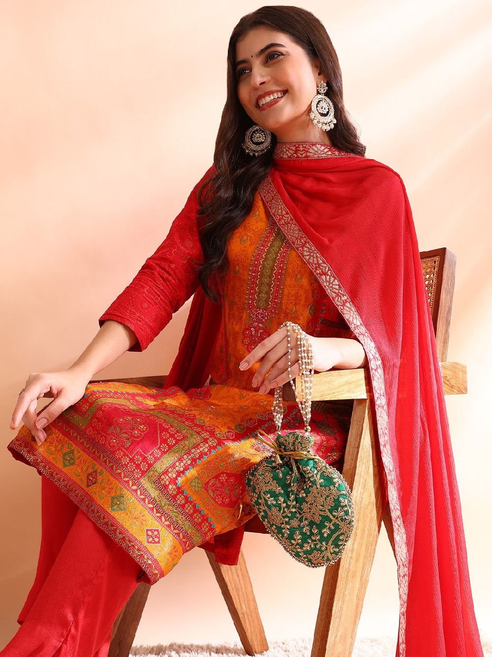 Red Chanderi Silk Ethnic Motifs Woven Design Straight Kurti Pants With Dupatta