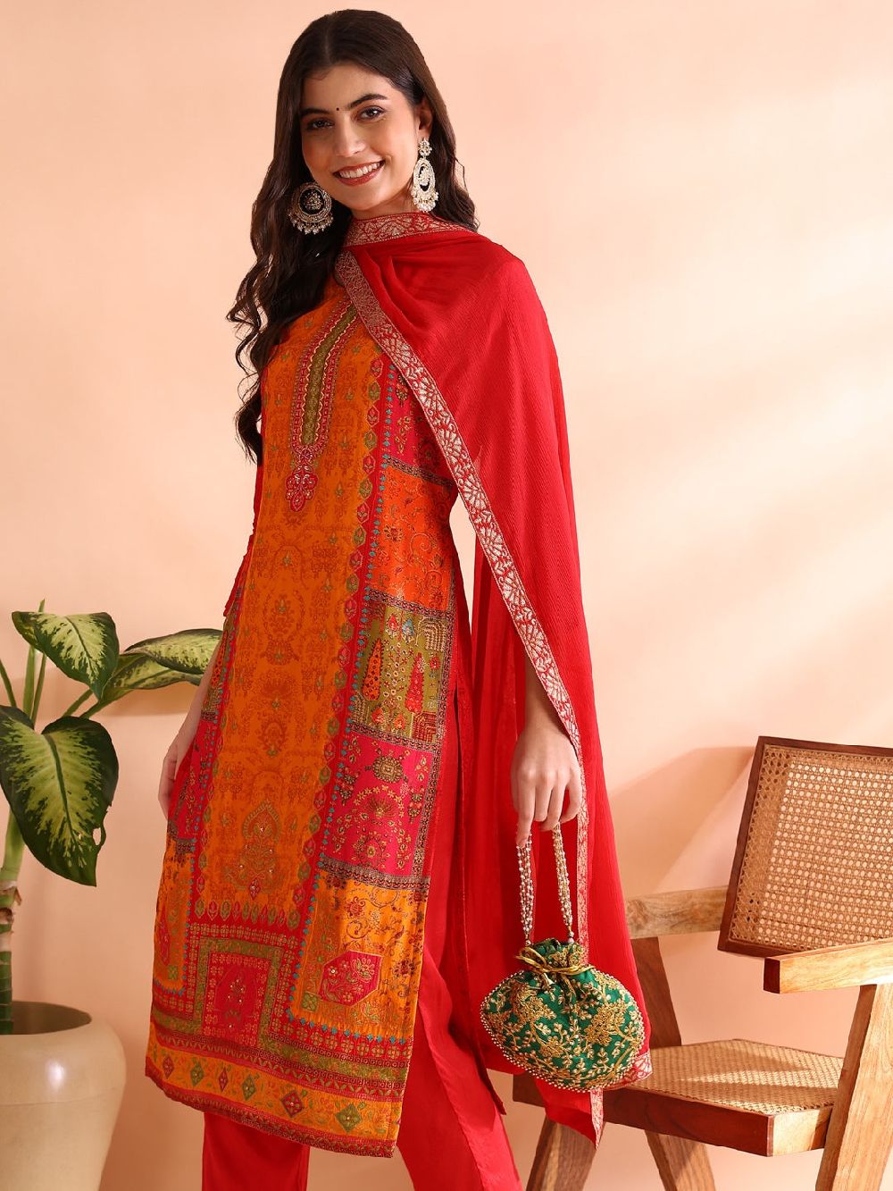 Red Chanderi Silk Ethnic Motifs Woven Design Straight Kurti Pants With Dupatta