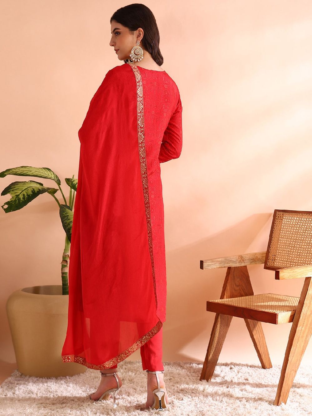 Red Chanderi Silk Ethnic Motifs Woven Design Straight Kurti Pants With Dupatta