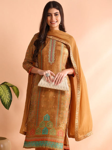 Khaki Silk Blend Geometric Woven Design Straight Kurta Trouser With Dupatta