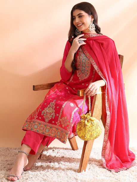 Pink Organza Ethnic Motifs Woven Design Straight Kurta Trousers With Dupatta