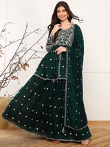 Green Silk Blend Solid Embroidered A-Line Kurta Skirt With Dupatta