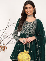 Green Silk Blend Solid Embroidered A-Line Kurta Skirt With Dupatta