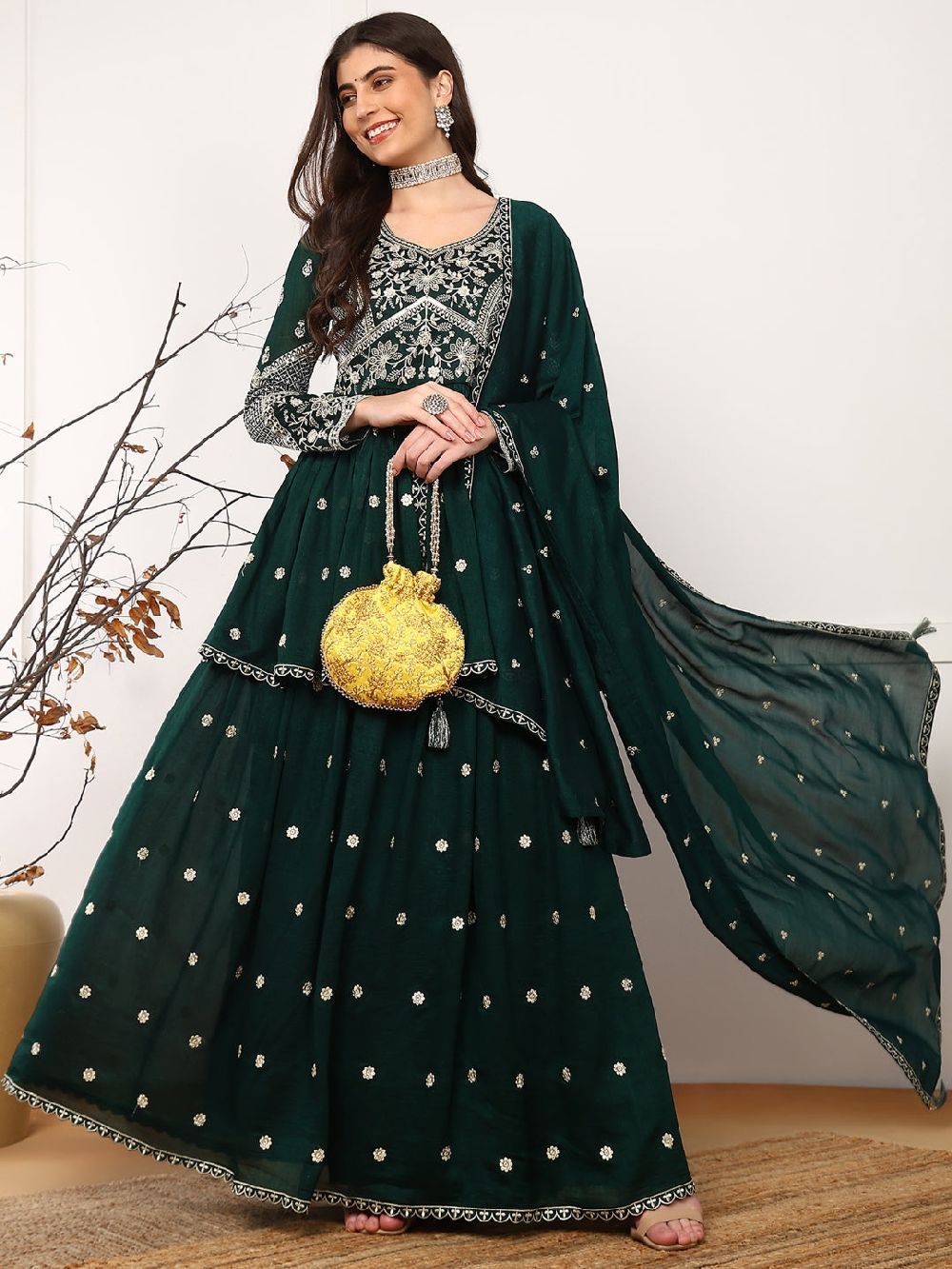 Green Silk Blend Solid Embroidered A-Line Kurta Skirt With Dupatta