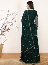 Green Silk Blend Solid Embroidered A-Line Kurta Skirt With Dupatta