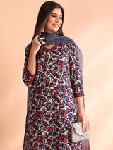 Grey Rayon Blend Floral Printed Straight Kurti Pant With Dupatta