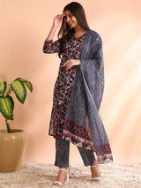 Grey Rayon Blend Floral Printed Straight Kurta Trouser With Dupatta