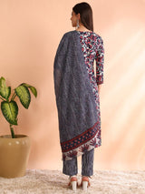 Grey Rayon Blend Floral Printed Straight Kurta Trouser With Dupatta