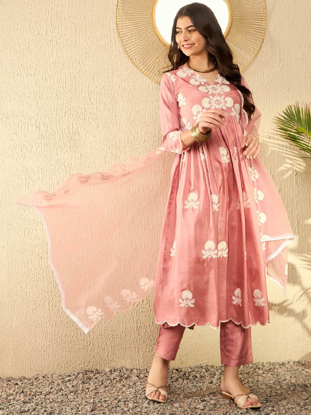 Peach Silk Blend Solid Embroidered A-Line Kurta Trouser With Dupatta