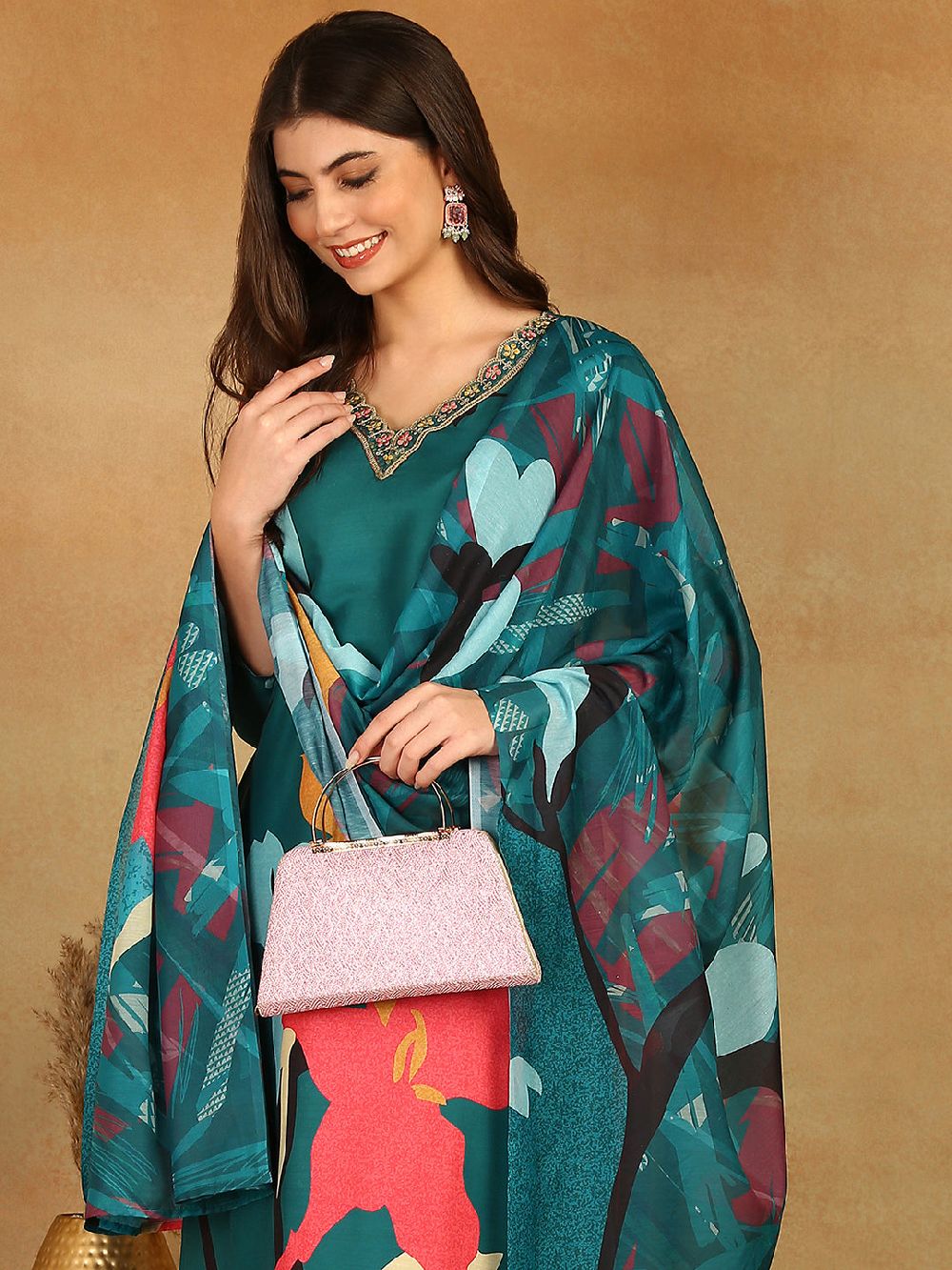 Green Silk Blend Floral Printed Straight Kurta Trousers With Dupatta