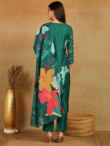 Green Silk Blend Floral Printed Straight Kurta Trousers With Dupatta