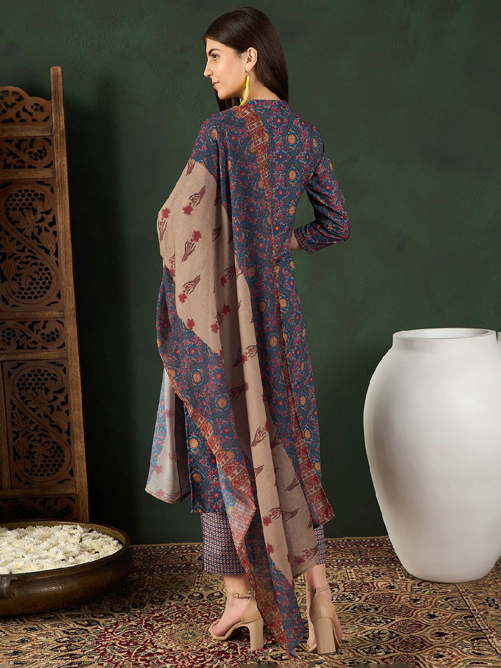 Blue Poly Rayon Floral Printed Straight Kurta Trouser With Dupatta