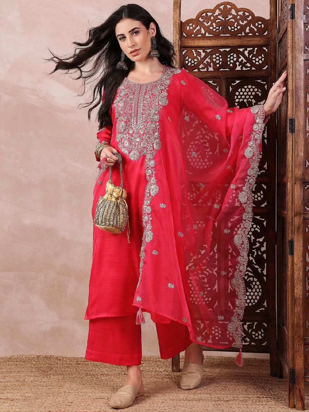 Pink Silk Blend Solid Embroidered Straight Kurti Palazzo With Dupatta