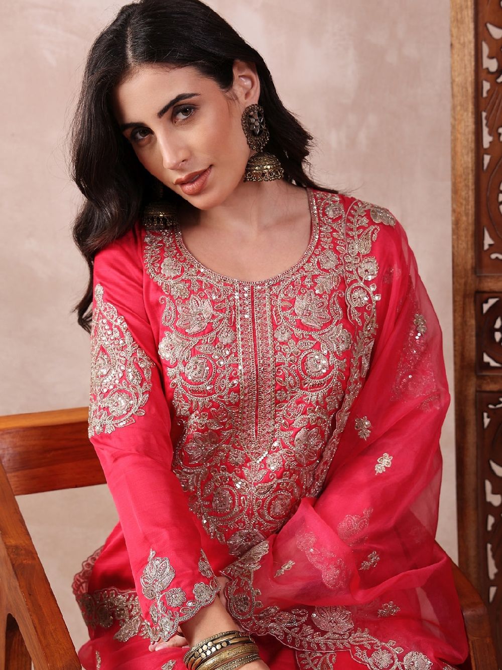 Pink Silk Blend Solid Embroidered Straight Kurti Palazzo With Dupatta