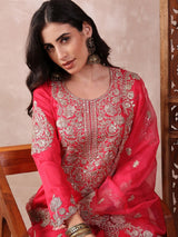 Pink Silk Blend Solid Embroidered Straight Kurti Palazzo With Dupatta