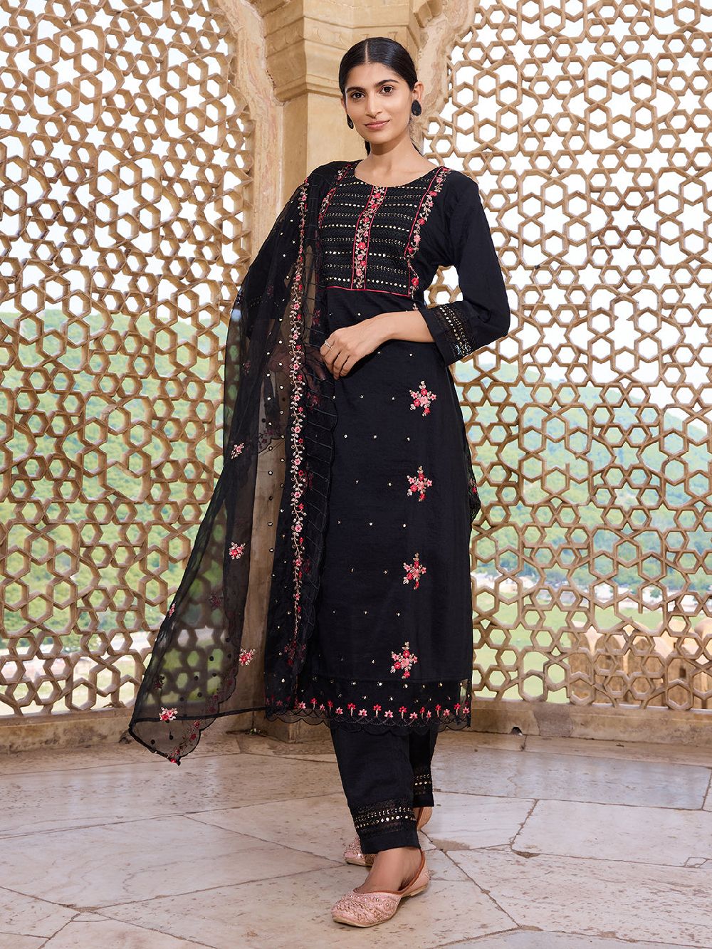 Black Silk Blend Solid Embroidered Straight Kurti Pant With Dupatta